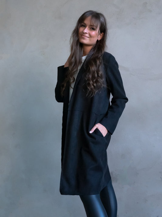 Long-Blazer Wildlederoptik - schwarz